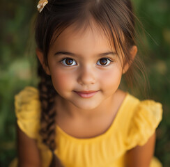 Portrait of an adorable little girl, wearing a yellow dress, with beautiful brown eyes, a lovely face, and long hair. 