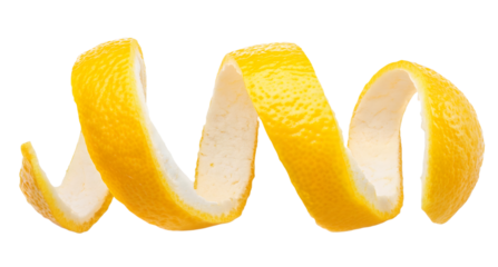 Lemon peel in a perfect spiral isolated on transparent background, great for food and beverage ads
