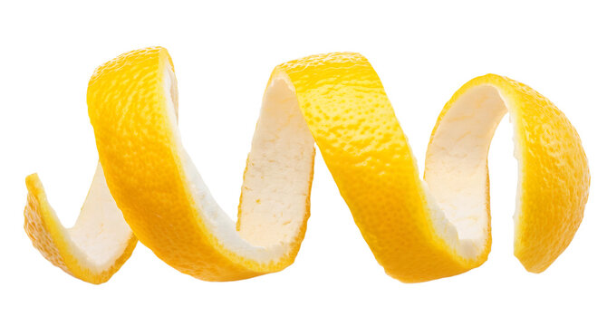 Lemon peel in a perfect spiral isolated on transparent background, great for food and beverage ads