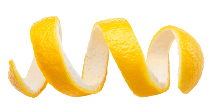 Lemon peel in a perfect spiral isolated on transparent background, great for food and beverage ads