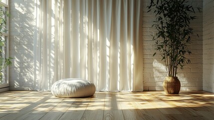 A serene minimalist living room featuring soft, neutral colors, a cozy floor cushion, tall curtains, and a potted plant, creating a calm, clutter-free ambiance.