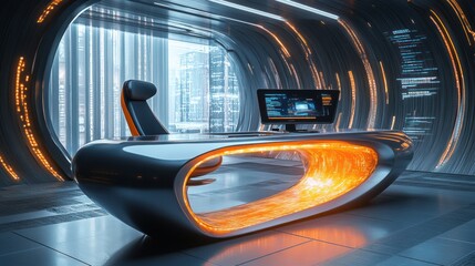 Sleek, ultra-modern desk with integrated digital screens and a curved, ergonomic chair, set in a futuristic workspace with minimalist, glowing interior details.