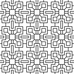 Seamless geometric pattern consisting of interlocking square shapes in black and white. Suitable for backgrounds, wallpapers, textiles and various creative projects.