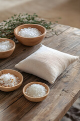 Serene Herbal Pillow and Spa Salts on Rustic Wooden Surface for Ultimate Relaxation
