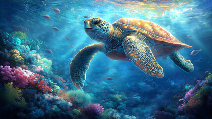 Fototapeta premium Sea Turtle Swimming Through a Vibrant Coral Reef