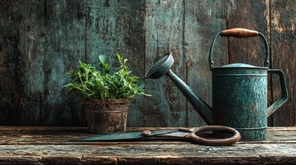Garden shears and watering can on rustic table gardening tools vintage setting close-up view nature concept