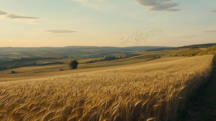 Obraz premium Golden wheat field at sunset with birds flying over rolling hills.