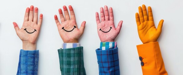Happy Hands Colorful Smiles Teamwork Positive Diversity Community Joyful Uplifting White Background