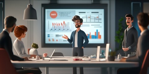 Business Presentation: Animated Team Discussing Data and Growth Strategies in a Modern Office Setting
