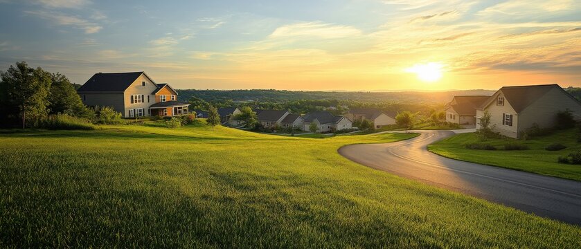 scenic sunset over suburban neighborhood with rolling hills