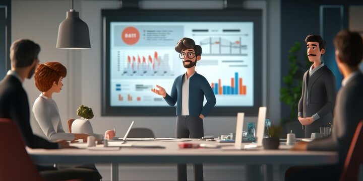 Business Presentation: Animated Team Discussing Data and Growth Strategies in a Modern Office Setting