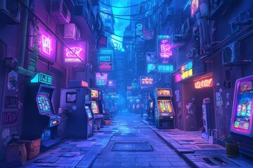 A cyberpunk street with arcade machines and neon signs, in a digital art style