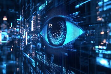 A futuristic digital eye integrated into a high-tech environment, symbolizing surveillance and technology.