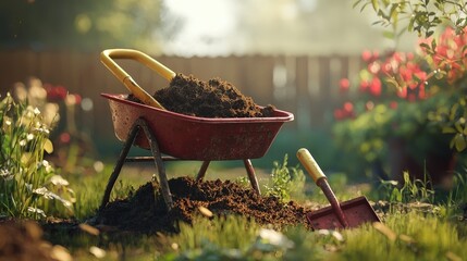 Gardening activity wheelbarrow backyard garden image natural light close-up soil preparation and tools usage