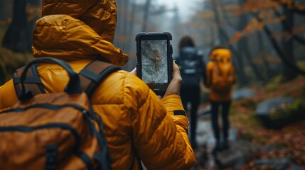 Autumn Hiking Adventure: Vibrant Orange Jackets and Navigating Trails with GPS Technology in a Misty Forest SettingHiking