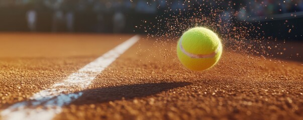 Tennis ball hitting the line on a clay court