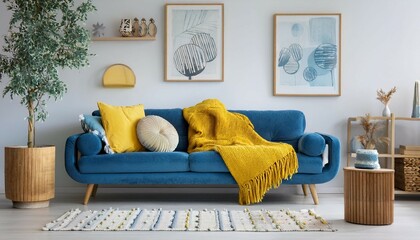 a scandinavian living room with a blue sofa accented by yellow pillows and a blanket