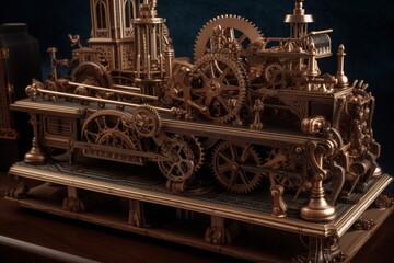 Fototapeta premium Intricate steampunk-style clockwork mechanism model with gears and intricate details.
