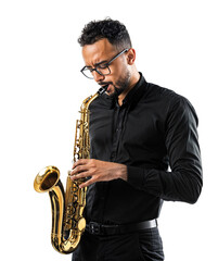 Professional Musician Playing the Saxophone in Elegant Black Attire on a Transparent Background