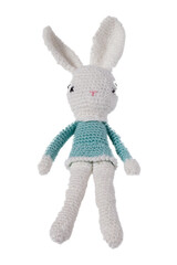 lapin tricoté en laine blanche et bleue