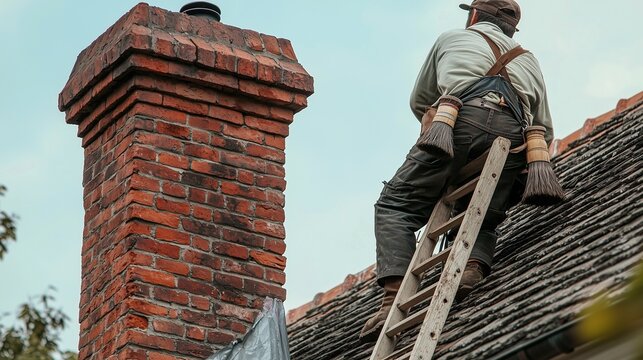 Worker on ladder repairing brick chimney on roof. Chimney sweep.