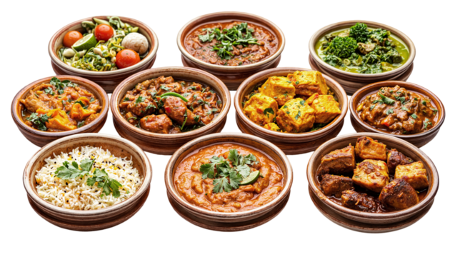Variety of Authentic Indian Dishes Served in Wooden Bowls, Including Curries, Paneer, Rice, and Fresh Vegetables on a Transparent Background