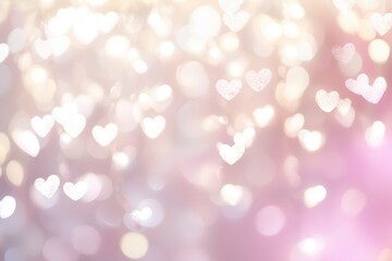 Texture of bright lights in shape of hearts. Pastel rose and gold abstract background with bokeh light effect for wallpapers and designs.