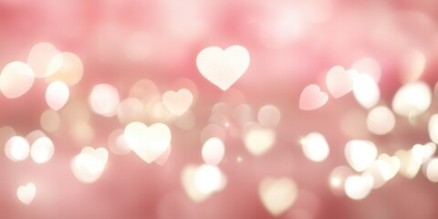 Bright horizontal banner of blurred golden lights in shape of hearts on a pink background, bokeh effect