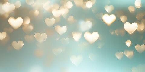Festive banner with gold bokeh lights in shape of hearts on pastel green background