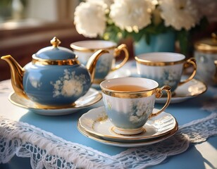 Fototapeta premium elegant teacups and teapot on a lace tablecloth white blue and gold vintage style evoking a sense of tranquility and nostalgia perfect for a spring afternoon