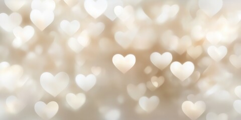 Bokeh hearts pastel beige gradient background. Abstract festive blurred texture for wallpapers and card designs.