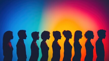 silhouettes of diverse individuals against a colorful gradient background