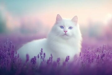 A majestic white cat with piercing blue eyes stands in a field of lavender, illuminated by the soft glow of a sunset sky, embodying grace and mystery.