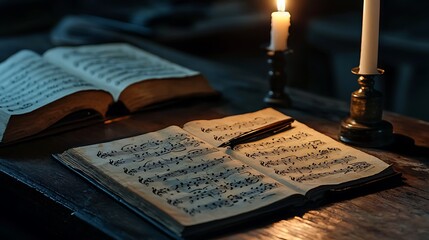 Open antique music book with quill pen and candles on wooden table.