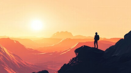 Fototapeta premium silhouette of a person standing on a mountain peak during sunset