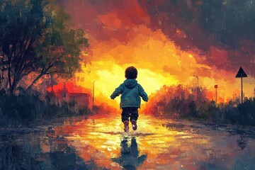 Obraz premium Child Jumping in Puddle Under Colorful Sunset Sky