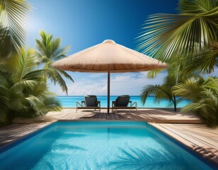 Fototapeta premium tropical backdrop with a deluxe pool and palm shade perfect for showcasing products