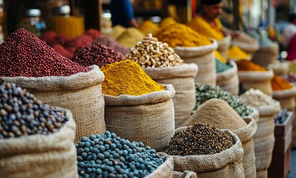 Aromatic Spices in Burlap Sacks at a Vibrant Market