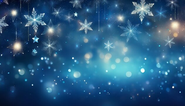 abstract magic blue holiday background with twinkling stars snowflakes and blurred christmas lights