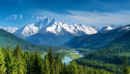 Fototapeta premium majestic snowcapped mountain range with lush evergreen forest and winding river scenic landscape
