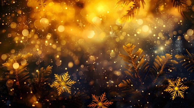 A festive background with golden lights, snowflakes, and fern leaves for holiday themes.