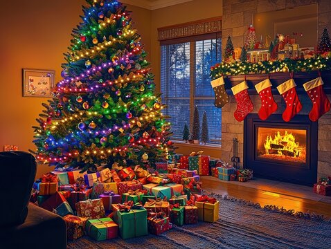 A vibrant living room with a towering tree wrapped in multicolored lights, gifts piled under it, with bright stockings hanging over a warm fire.