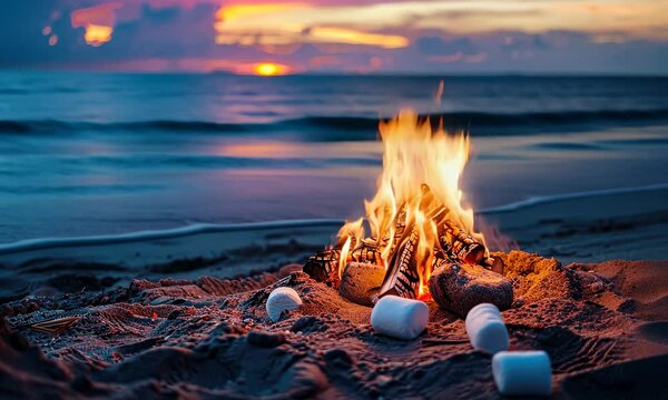 Beach at sunset with campfire and marshmallows on sand