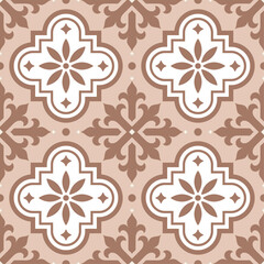 Vector decorative tiles design, Azulejo seamless pattern in mocca brown color, abstract and floral decoration inspired by traditional tiles from Portugal and Spain