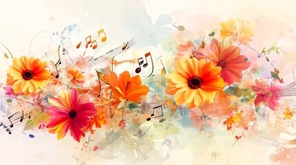 Music background with colorful flowers and music notes