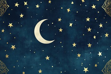 Naklejka premium Minimalist Ramadan Design: Starry Night Sky with Crescent Moon and Islamic Motifs 