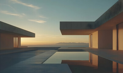 Fototapeta premium Serene sunset view from a minimalist modern house with infinity pool overlooking ocean and mountains.