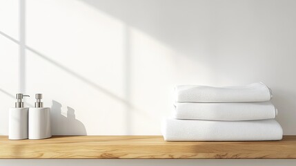 White Towels and Soap Dispensers on Wooden Shelf