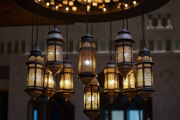 Obraz premium Elegant Eid Mubarak Hanging Decoration Golden Mosque and Lanterns in a Circular Frame 