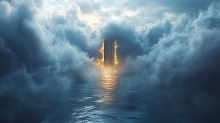 A tall dark structure stands in a sea of clouds sunlight shining through.